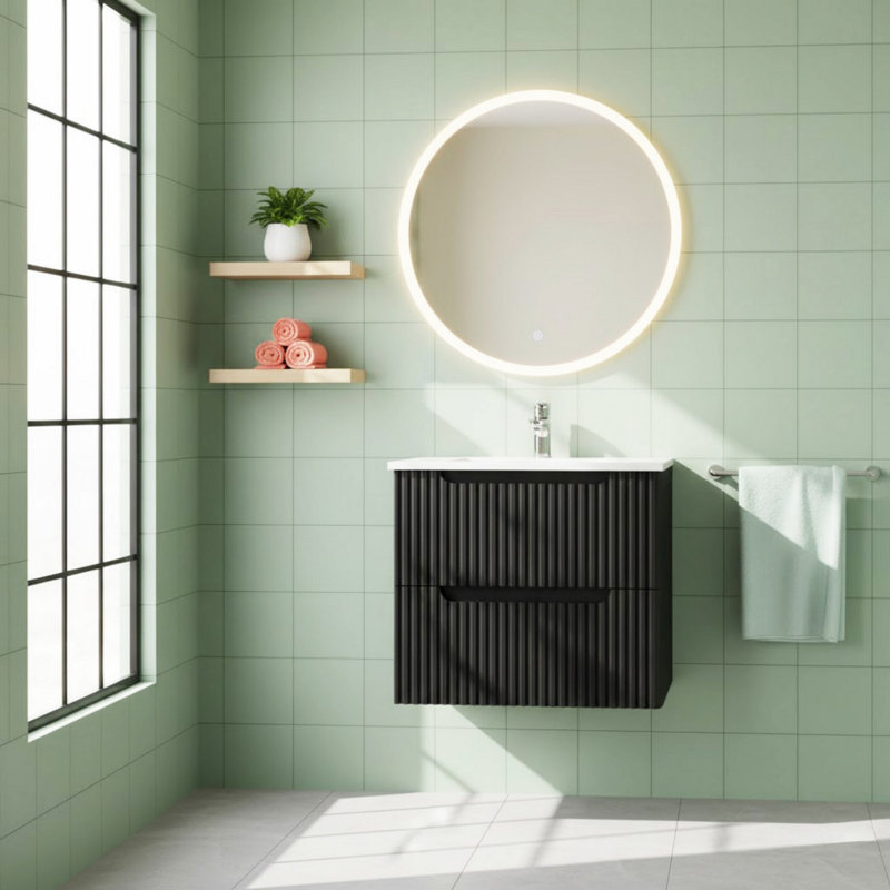 Meuble-lavabo mural avec lavabo, armoire de salle de bain flottante avec système de fermeture en douceur, 24", Noir