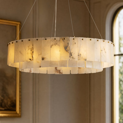 32" 12 - Light Drum Nature Alabaster Chandelier, Gold Chandelier