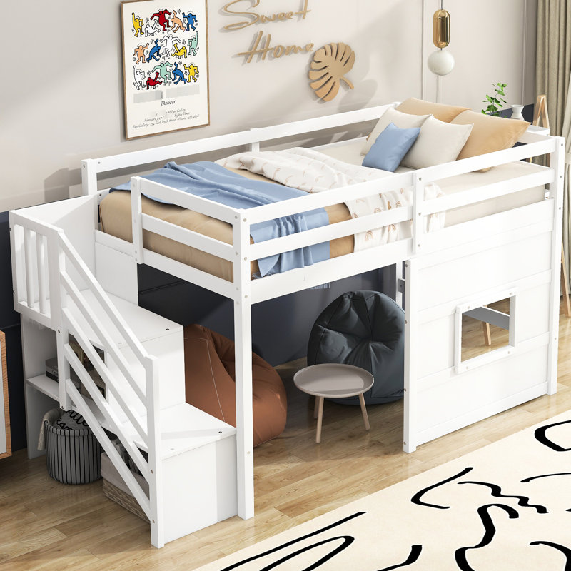 Lit mezzanine simple blanc avec escalier de rangement et structure - bois stable, fenêtre amusante, sans sommier pour un coffre de fenêtre de taille longue
