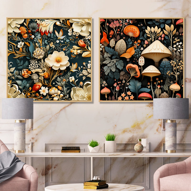 Marwan - Ensemble de 2 décorations murales botaniques abstraites, Encadrement brun, H 36 po x l 73 po x P 1,5 po