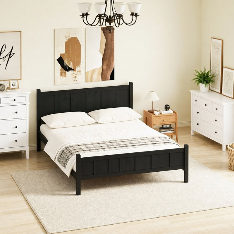 Lit plateforme moderne Farmhouse Style Design, Noir, Grand lit