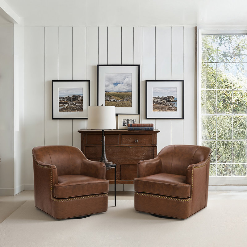 Genuine Leather Swivel Barrel Chairs, Dark Brown