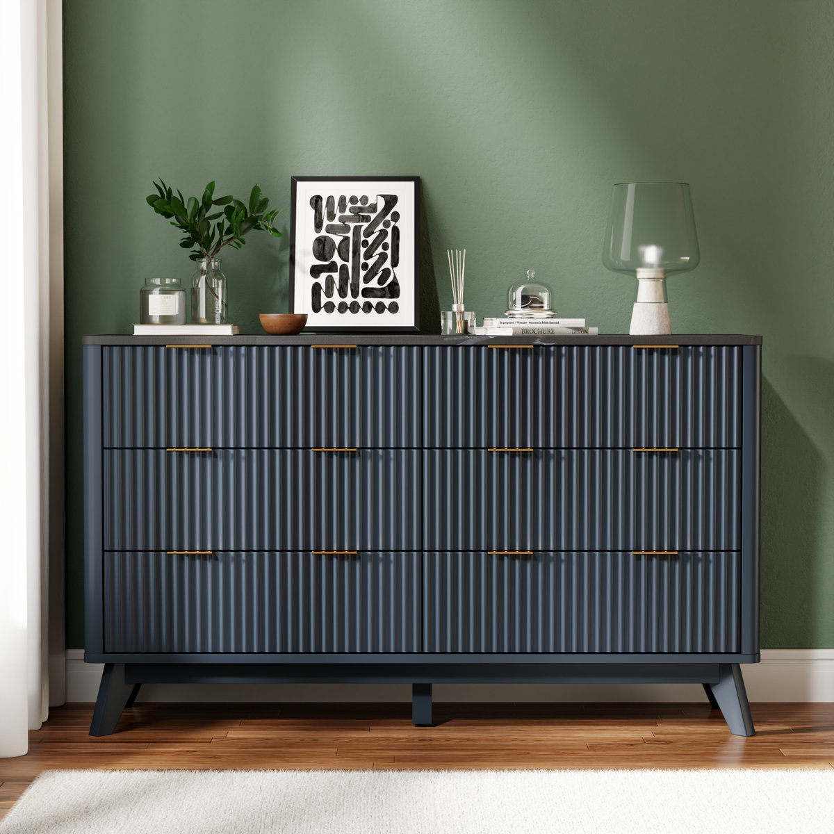 6 Drawers Dresser With Faux Marble Top & Curved Design