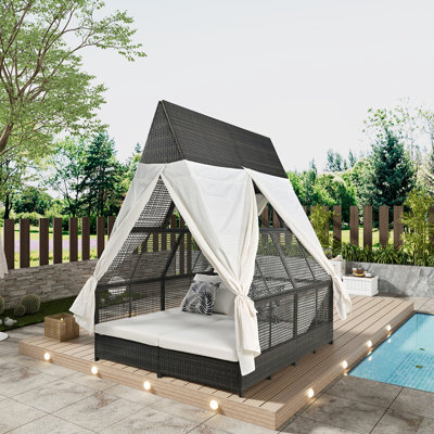 Outdoor Daybed Patio Lounge Bed With Adjustable Backrest Outdoor Double Sun Lounger With Curtains, 4 Pillows For Garden Patio Poolside Balcony Beach(Patio Sofa)