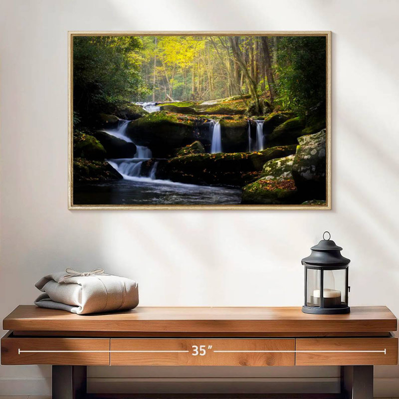 Stream In The Smokies, Cadre flottant en bois naturel, 25 po x 17 po