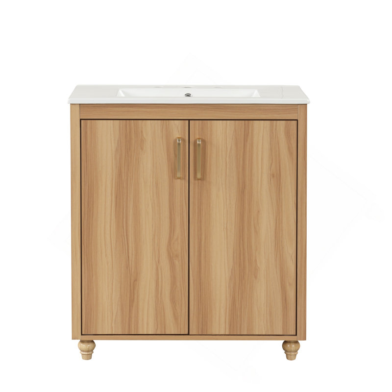 Ensemble de meuble-lavabo 30 po avec lavabo, armoire de salle de bain multifonctionnelle avec portes et tiroir, panneau de fibres à densité moyenne, naturel