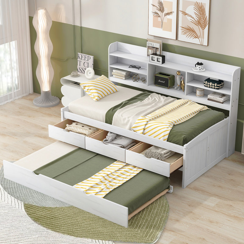 Twin Size Wooden Captain Bed With Built-In Bookshelves,Three Storage Drawers And Trundle, Twin, White Washed
