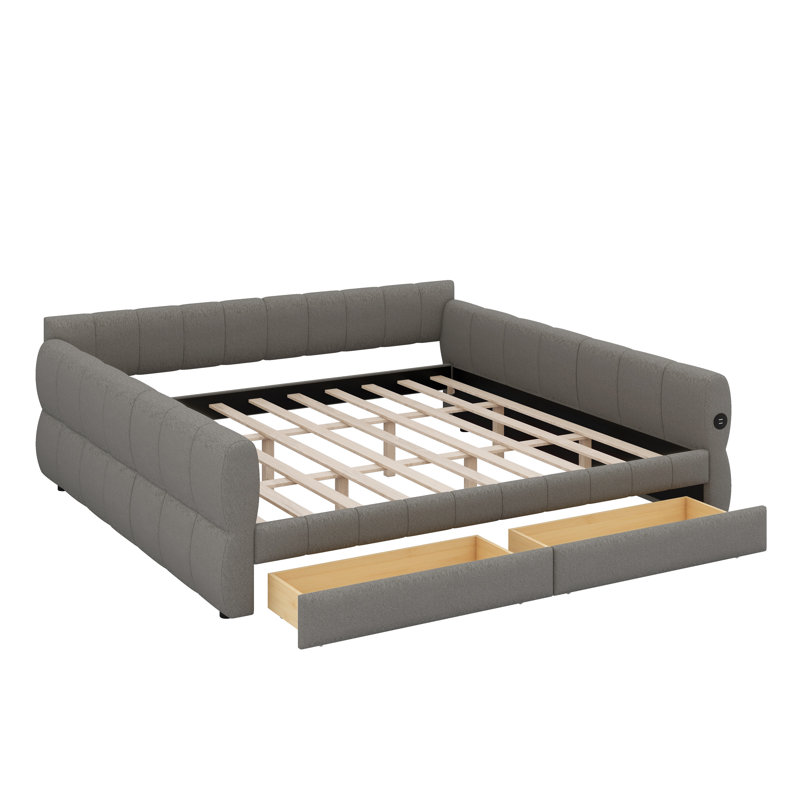 Contemporary Upholstered Platform Bed with Integrated USB and Drawer Storage, Gray