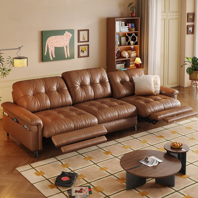 Brown Genuine Leather Modular Sofa cushion Threeseat