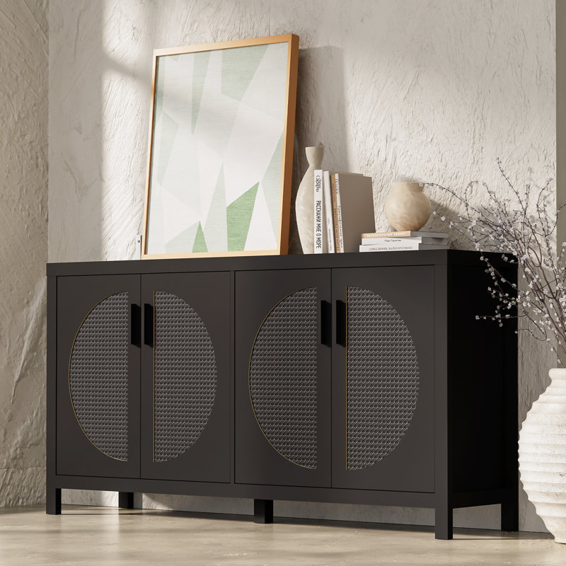 Black Modern Sideboard Cabinet with Rattan Doors and Storage