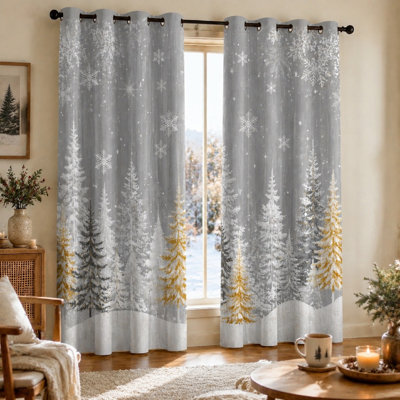 2Pcs Christmas Snowy Pine Tree Snowflake Pattern Curtains, Winter Forest Scene Printed Art, Light Filtering for Living Room Bedroom Holiday Decoration for Home Dector