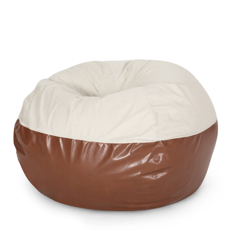 Maxi 5 Foot Two color Fabric and Faux Leather Rounded Bean Bag, Beige and Coffee Brown