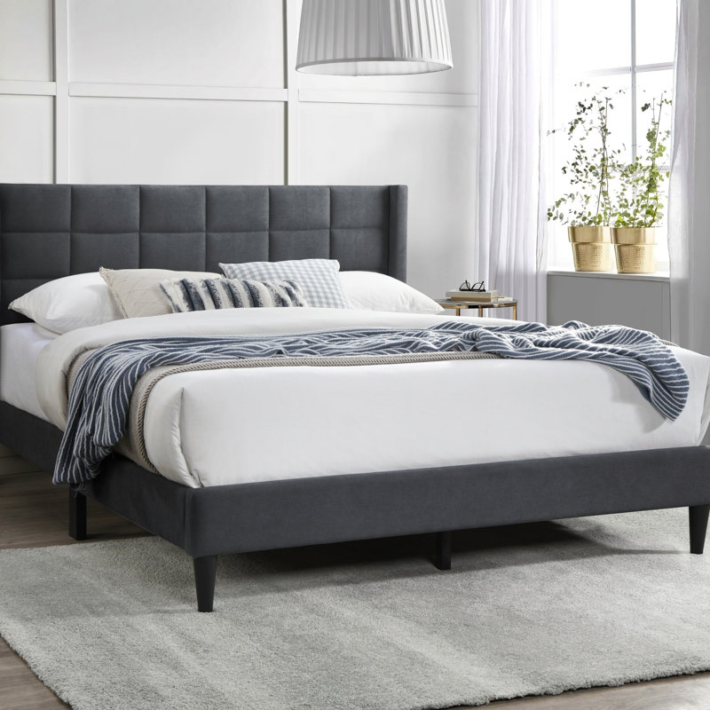 Linen Bed with Tufted Headboard, Charcoal, Queen