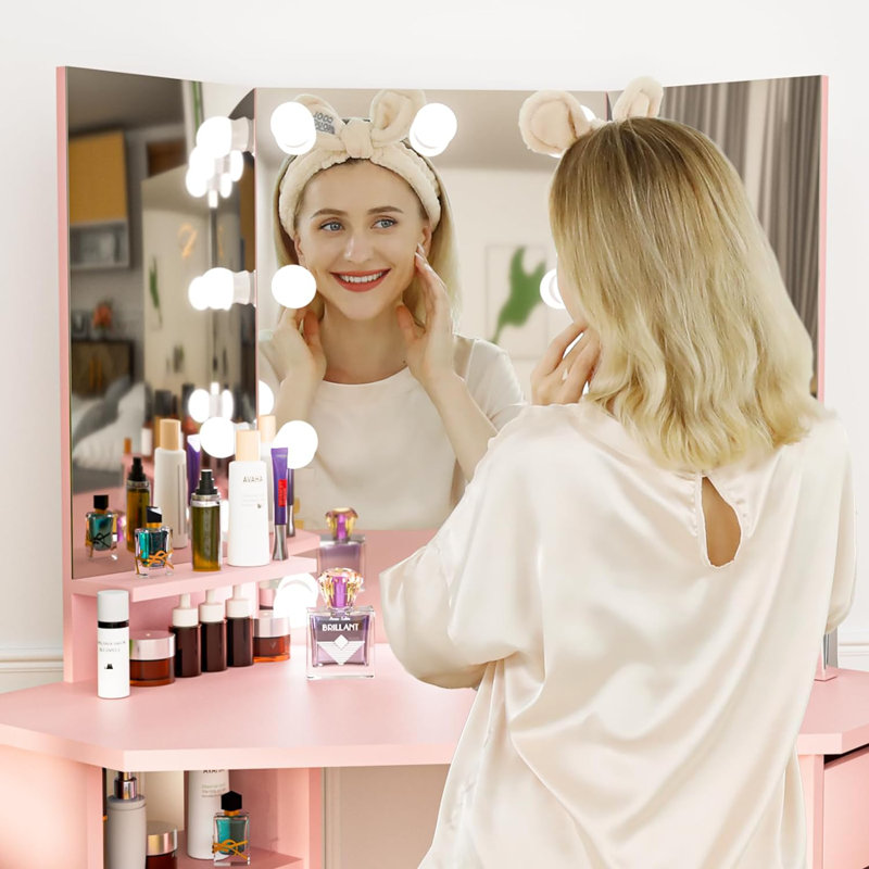 Oryon 56"x44" Corner Makeup Vanity with Lights, Vanity Desk with Mirror,10 LED Lights,5 Drawers, Pink