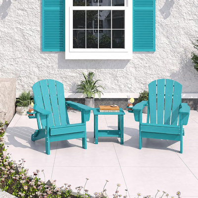 Ensemble de 2 chaises pliantes Adirondack avec table d'appoint, chaises d'extérieur en PEHD avec porte-gobelet, grain de bois toutes saisons pour patio, terrasse, jardin et foyer extérieur, bleu lac