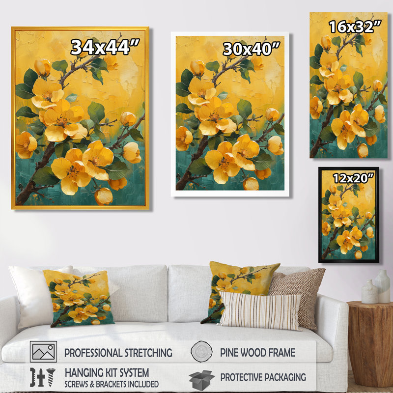 'Yellow Apple Blossom Blooming Garden - Apple Blossom Wall Decor, 20" H x 12" W x 1" D, Black Single Picture Framed