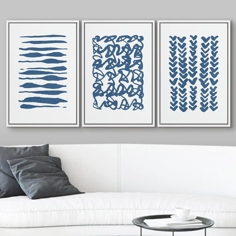 «Geometric Line Blue Brush Stroke Line Art Collage Abstract Patterns Modern Art Mid-Century Modern on Canvas», reproduction de 3 pièces