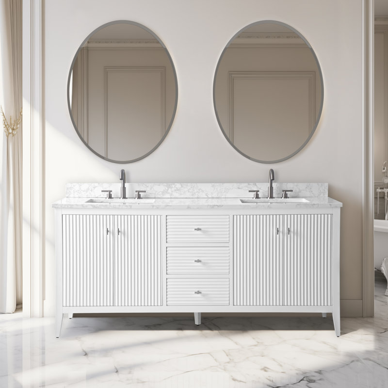 Laval 72" Double Sink Freestanding Bathroom Vanity with Engineered Marble Top, Linear White, Brushed Nickel
