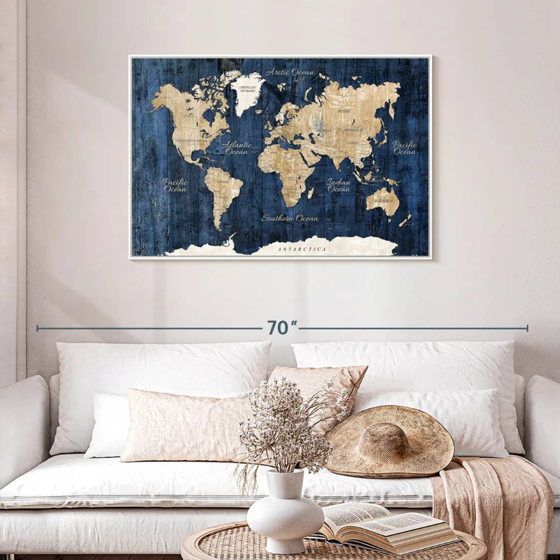 Carte du monde en bois texturé, Cadre flottant blanc, 43 po x 29 po