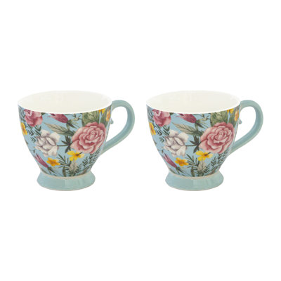 Marlee Ceramic Floral Footed Mug Light Blue - Set Of 2