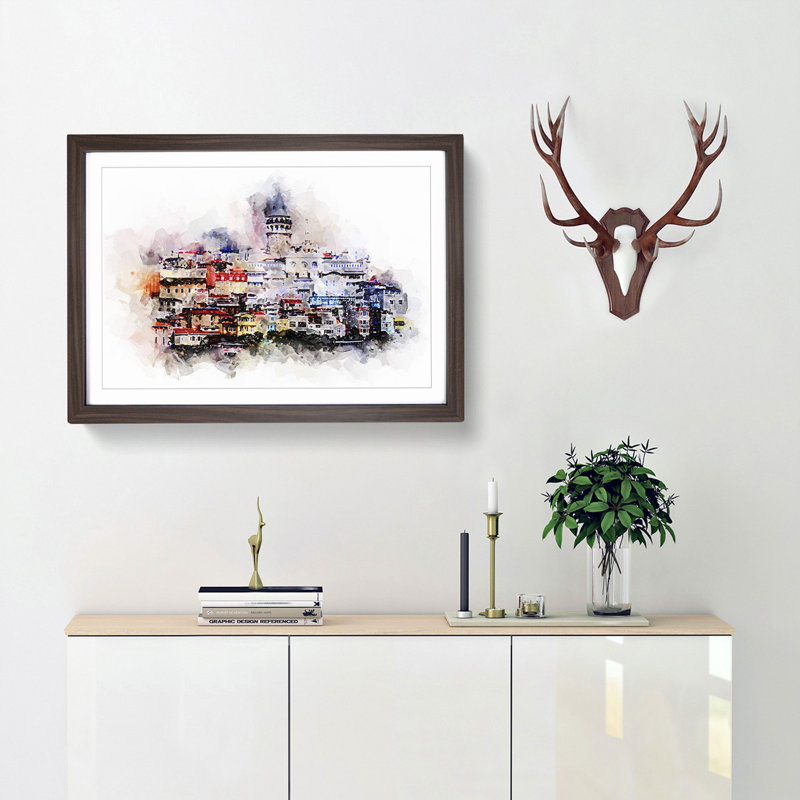 Galata Tower in Istanbul Turkey in Abstract - Picture Frame Painting Print, Walnut Framed, 27cm H x 36cm W x 2cm D