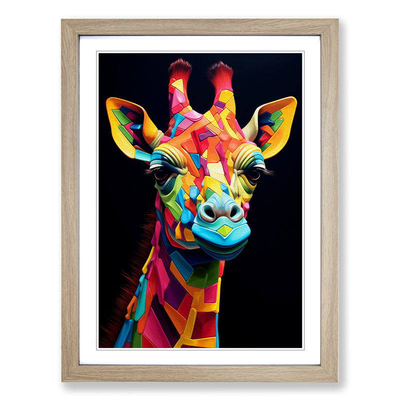 Giraffe Orphism No.2 - Single Picture Frame Print on Wood, Oak, 46cm H x 34cm W x 2cm D
