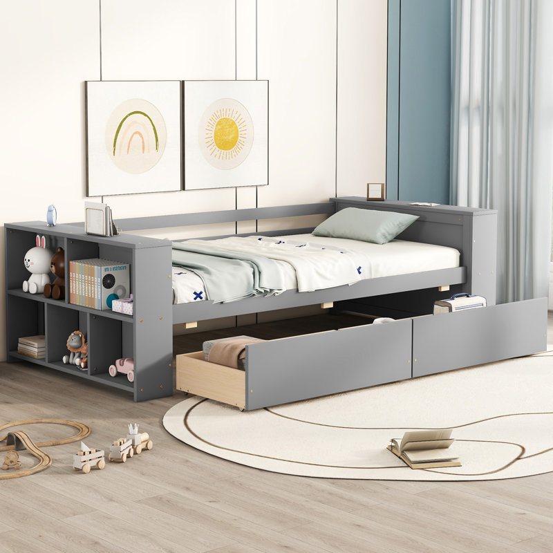 Lit de jour avec tablettes et tiroirs, Gris