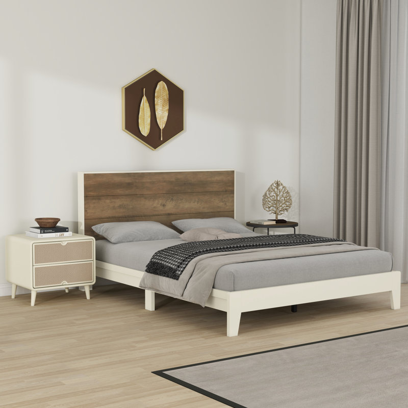 Allyannah Levison Platform Bed With Headboard, Queen, Ivory/Knotty oak