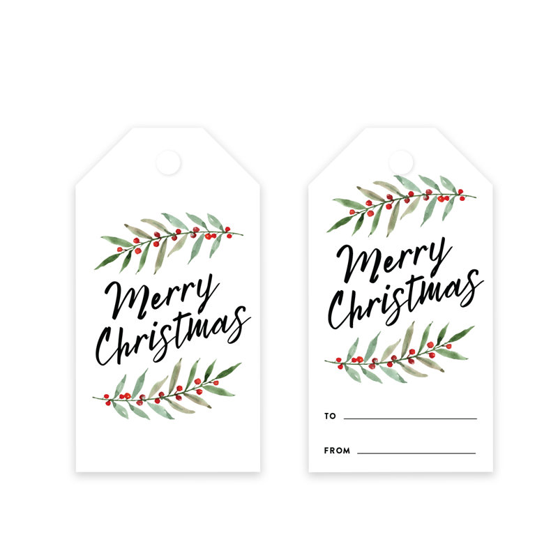  Paquet de 60 étiquettes de cadeau de Noël «Merry Christmas Watercolor Holly Leaves»