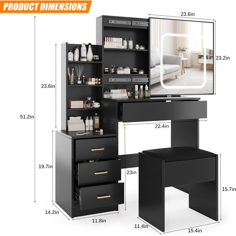 Vanity Desk with Mirror and LED Lights, Makeup Vanity Desk with Sliding Lighted Mirror, Dressing Table Set with Stool & 4 Drawers, Storage Shelves