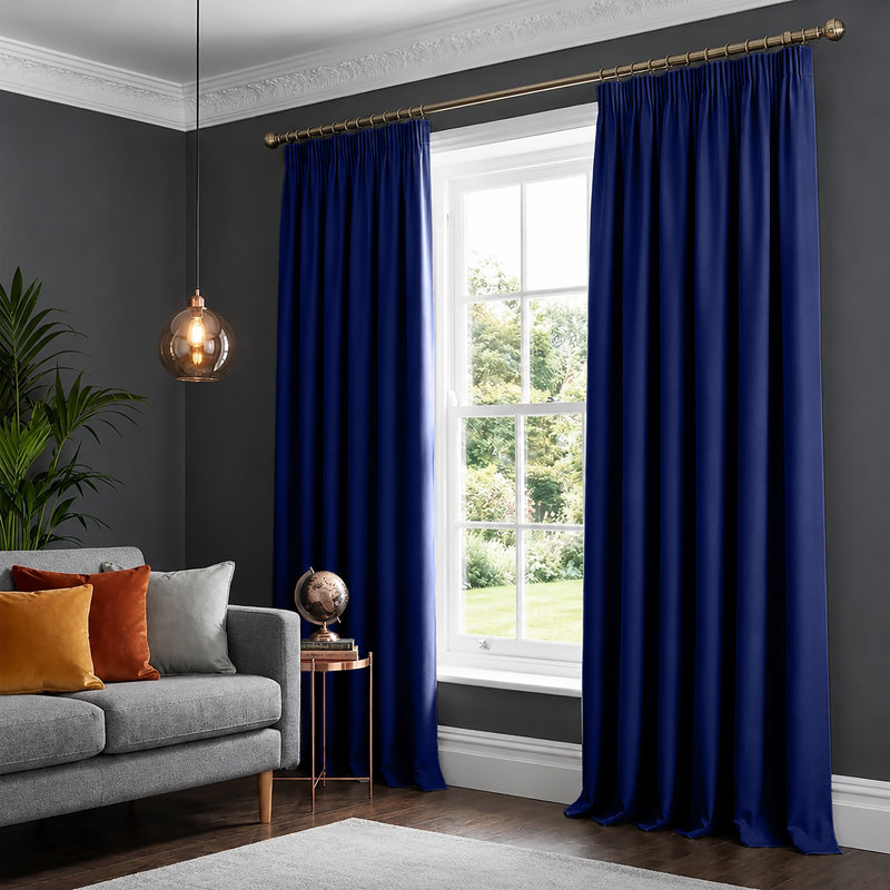 100% Polyester Blackout Pencil Pleat Room Darkening Curtains (Set of 2), NAVY, 168x228