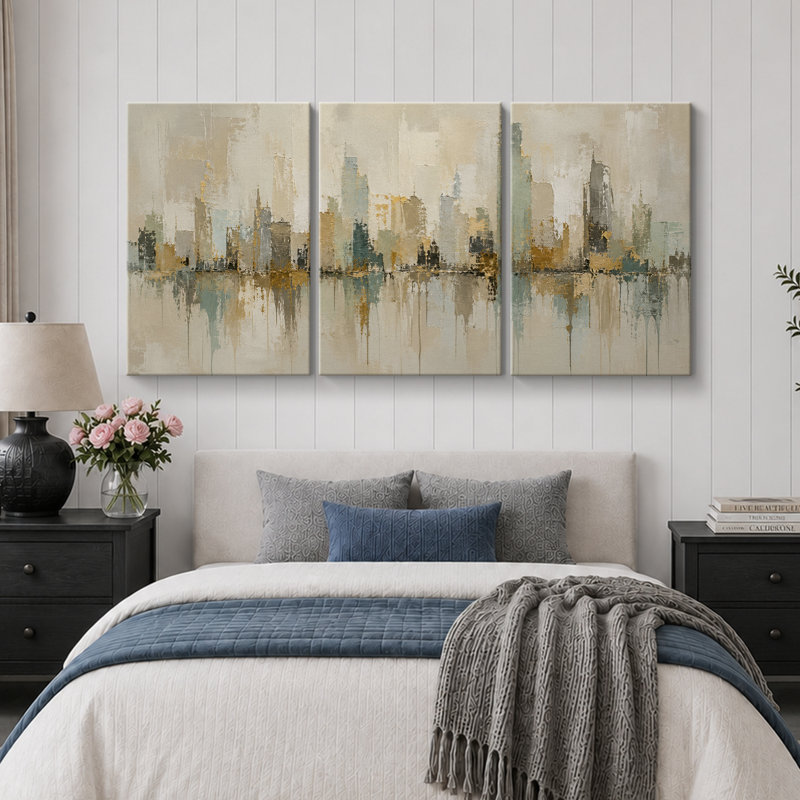 Œuvre d'art douce de réflexion de la ville, images de salon, impression sur toile encadrée, 3 pièces, Toile tendue