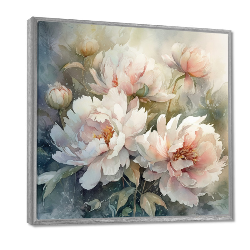 Pivoines roses et vertes sur une branche II - pivoines, art mural, H 24 po x l 24 po x P 1 po, Encadrement argenté