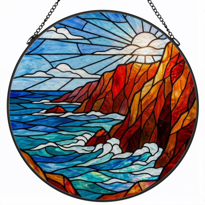 7.8"H Ocean Sunset Stained Glass Window Panel, 7.8" H x 7.8" W