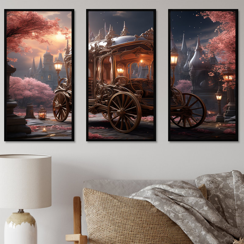 Art floral princesse rose - chariot américain ancien, H 28 po x l 36 po, Cadre flottant noir