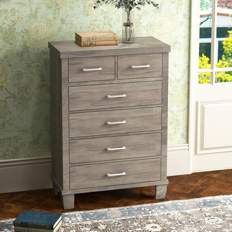 Grande commode à 6 tiroirs, commode de rangement moderne en bois gris pour l'organisation de la chambre à coucher