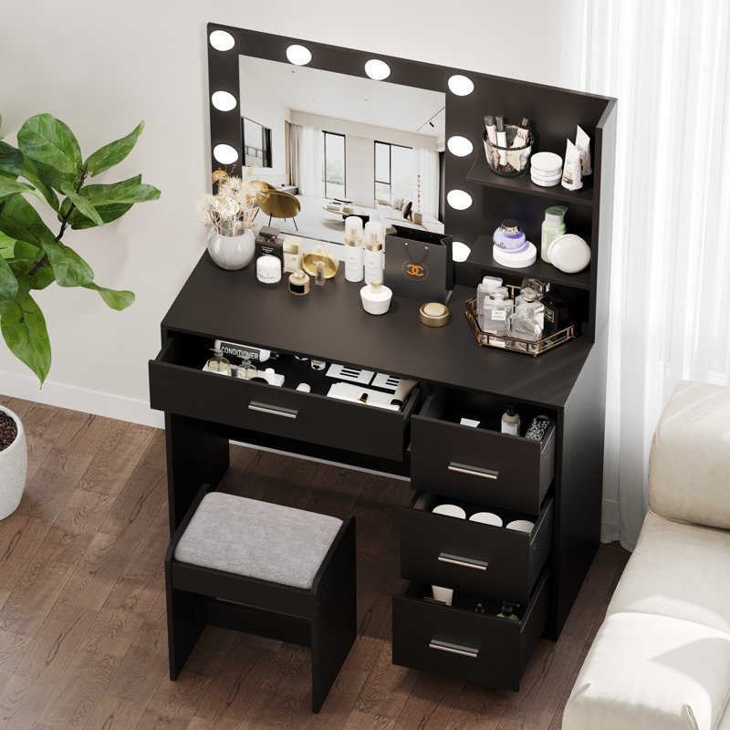 Makeup Vanity Table with Lighted Mirror, Vanity Desk with Storage Shelf and 4 Drawers, Black