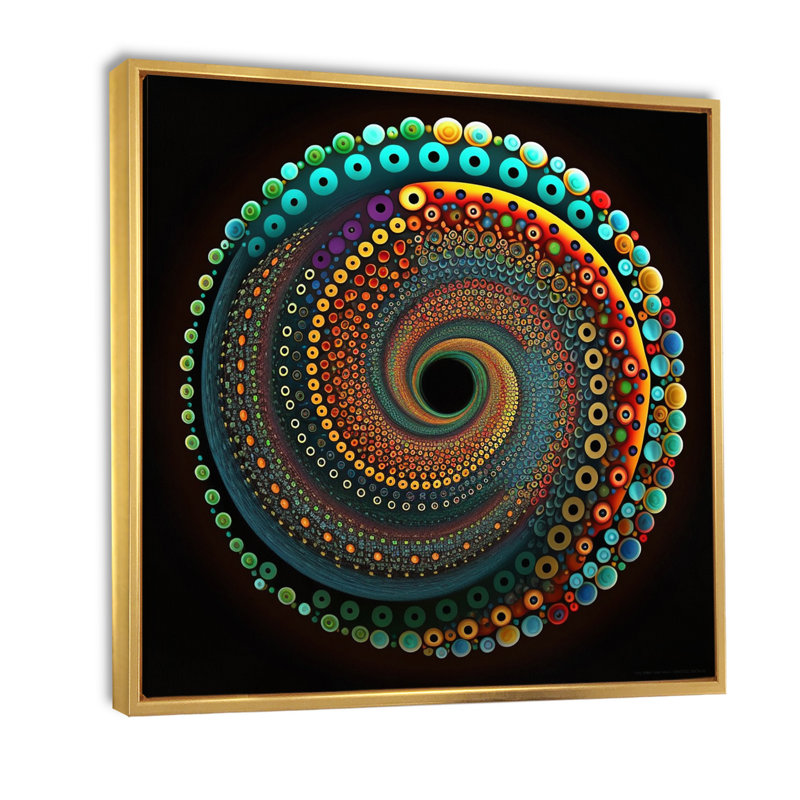 Iridiscdent Pointillism Spiral Turquoise Shades I - reproduction sur toile, Cadre flottant doré, H 36 po x l 36 po x P 1,5 po