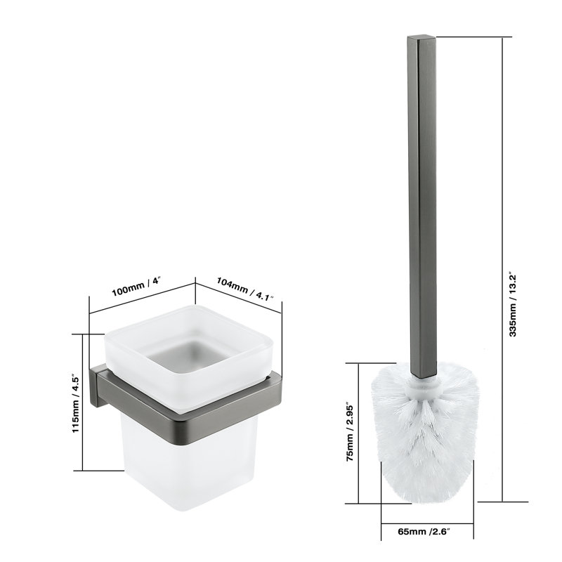 Brosse de toilette murale et support avec poignée en acier inoxydable et base en verre, Gris graphite