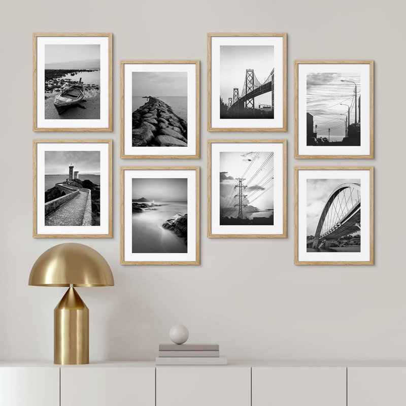 «Black & White Ocean Beach Coastal Seascape Briages», reproduction imprimée sur papier, 8 pièces, L 11 po x H 14 po