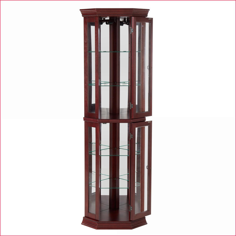 Curio Cabinets | Lighted with Adjustable Tempered Glass Shelves, Mirrored Back, Walnut Brown Finish | Traditional | Corner