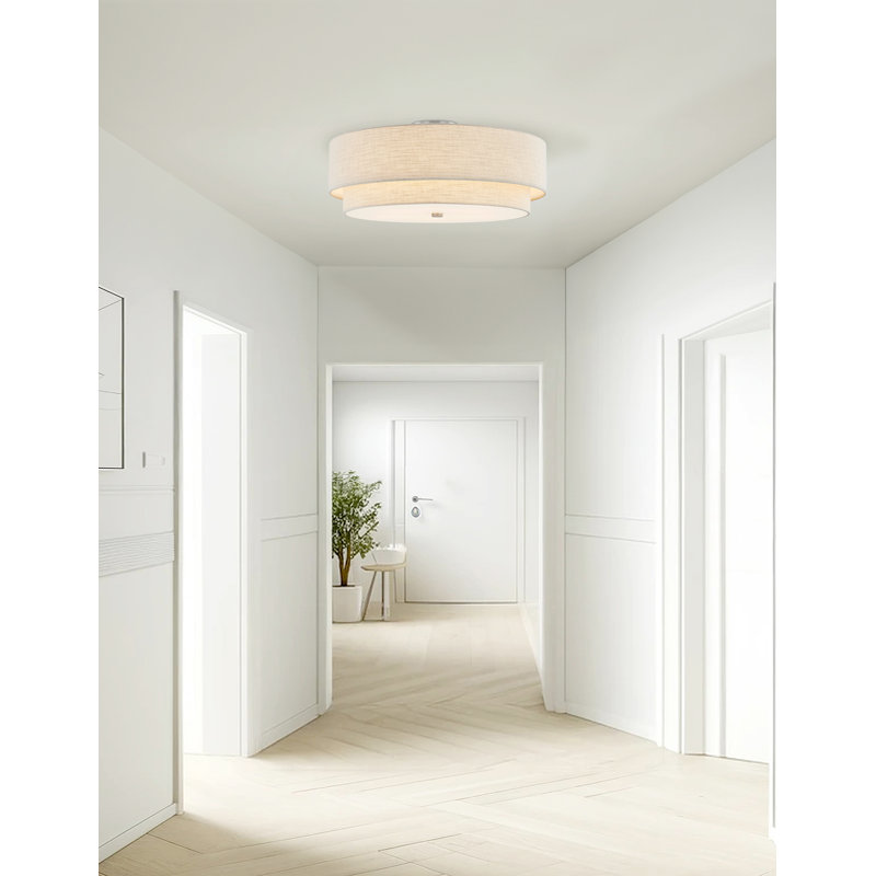 Textile-Classic Tiered Drum Semi-Flush - Linen Fabric Shade - 22”L x 22”W x 9.5”H, Cream