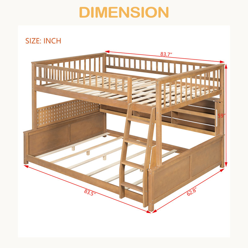 Lit double superposé au-dessus de grand lit double avec tablettes intégrées, lumières à changement de couleur et panneau perforé