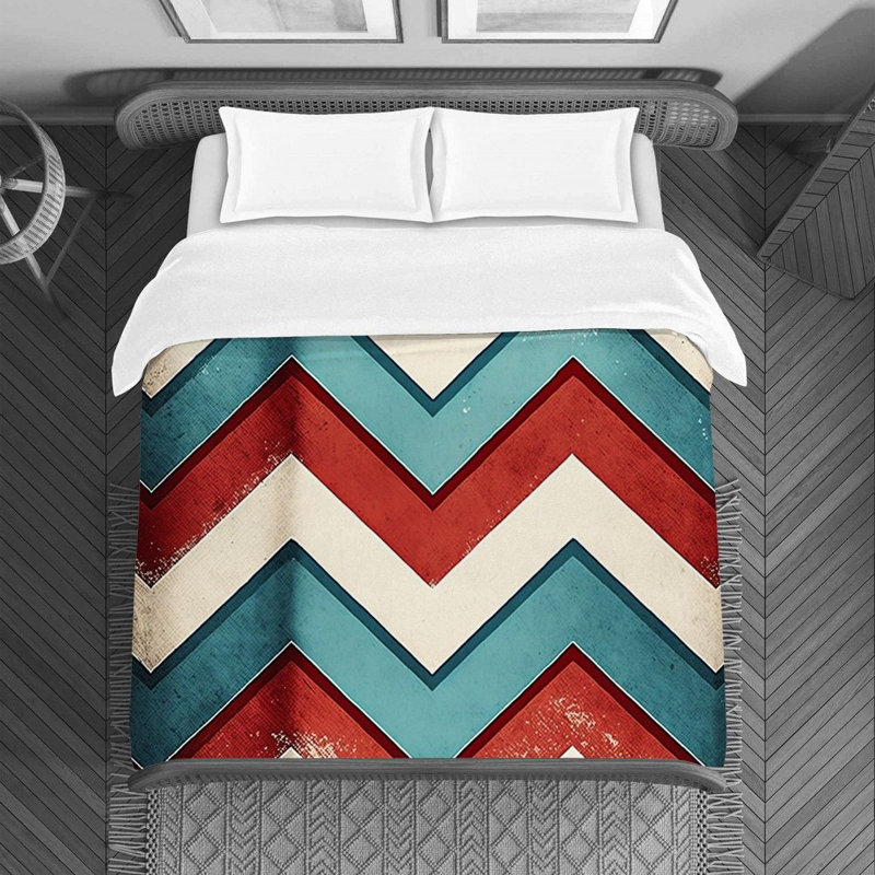 Housse de couette à motif de chevrons bleu / rouge, Housse de couette pour lit simple