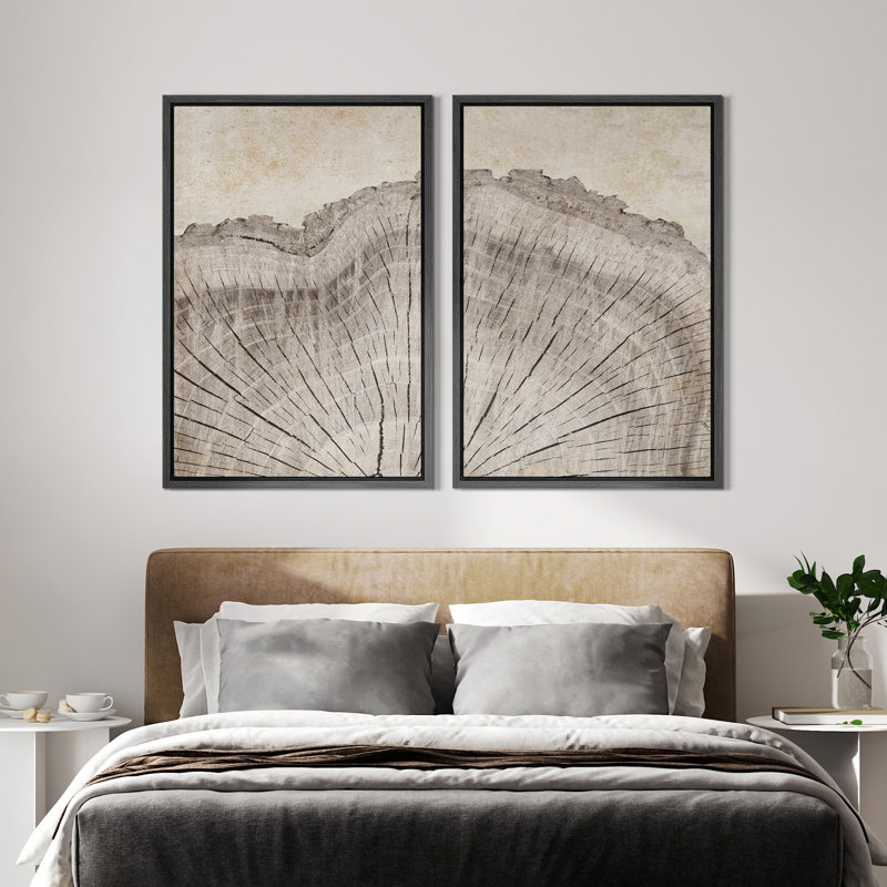 Tree Ring "Oak Wood Stump Slice Artwork, Vintage Neutral Country Cabin Wall Pictures, Framed Canvas Giclée Print 2 Pieces Wall Art"