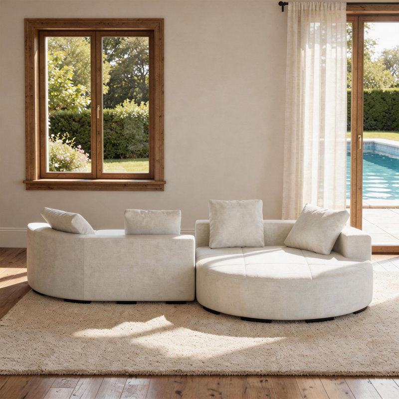 2-Piece Round Chenille Upholstered Cushioned Sofa Set, Beige
