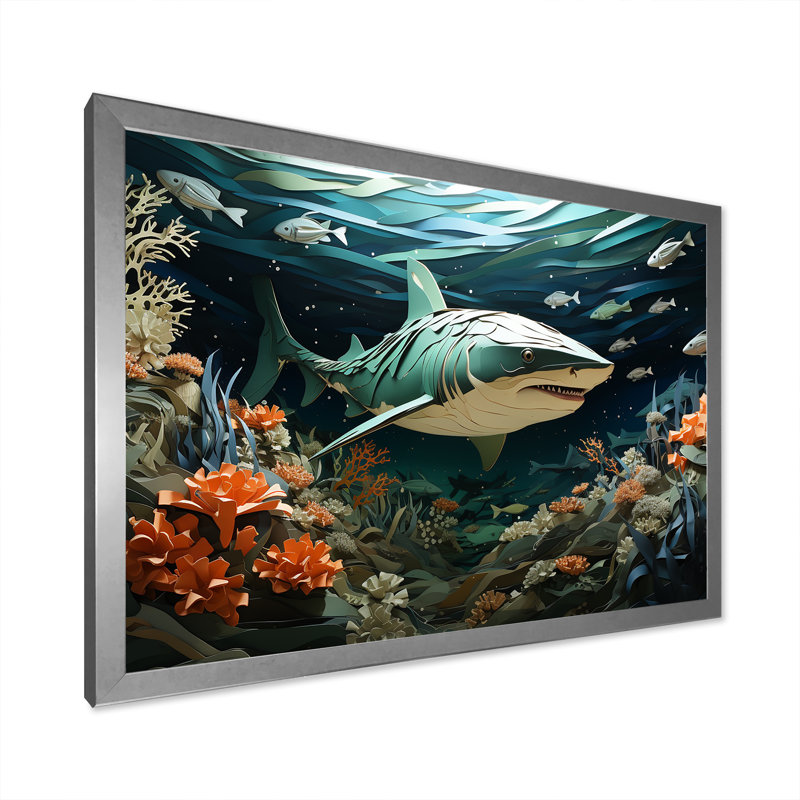 " Coral And Sharks Collage Symetry II ", Silver Single Picture Framed, 24" H x 32" W x 1" D