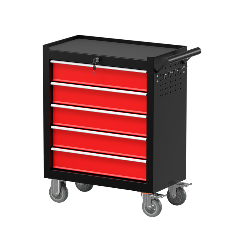 31.1'' Tool Box With 4 Rolling Wheels, 5-Drawer Metal Storage Chest (BlackRed), Black/Red