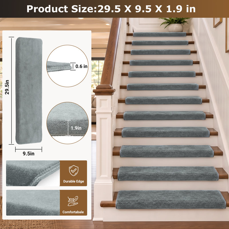 14 pièces de tapis d'escalier antidérapant pour escalier en bois Bullnose 9,5 po x 30 po, Solid, Gris