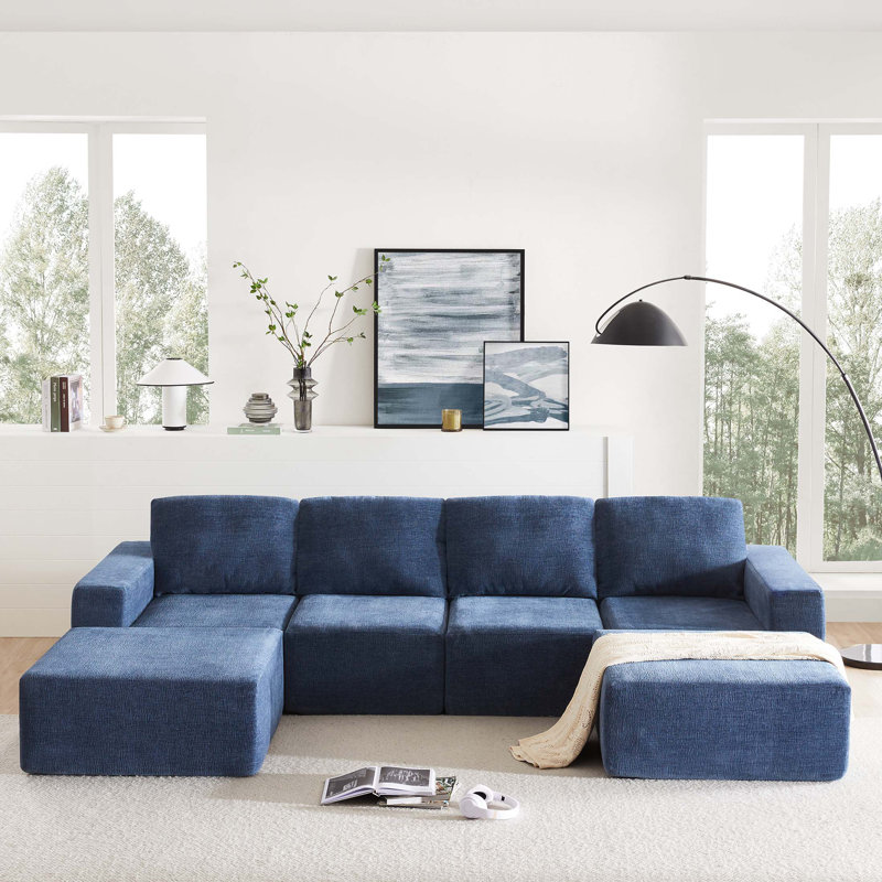 Modern Sofa 110*72" Modular U Shaped Sectional Sofa,Luxury Chenille Floor Couch Set,Foam-Filled Sleeper Sofa Bed, Navy